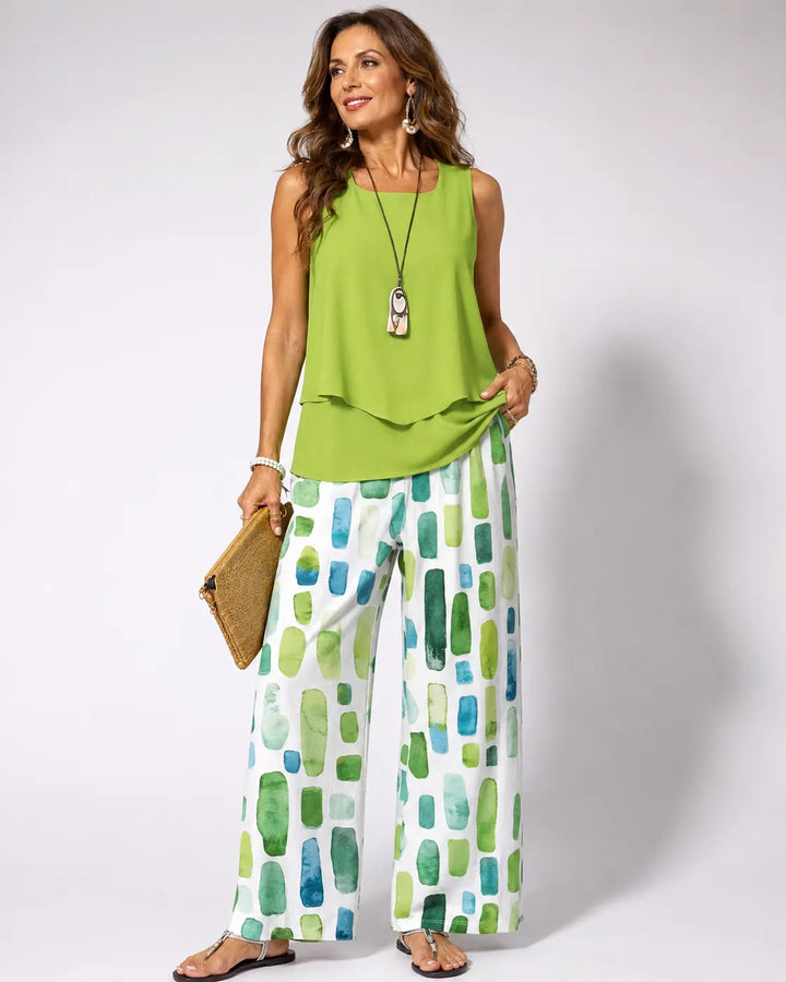 Sabina™ | Completo con Top Verde e Pantaloni con Fantasia Geometrica